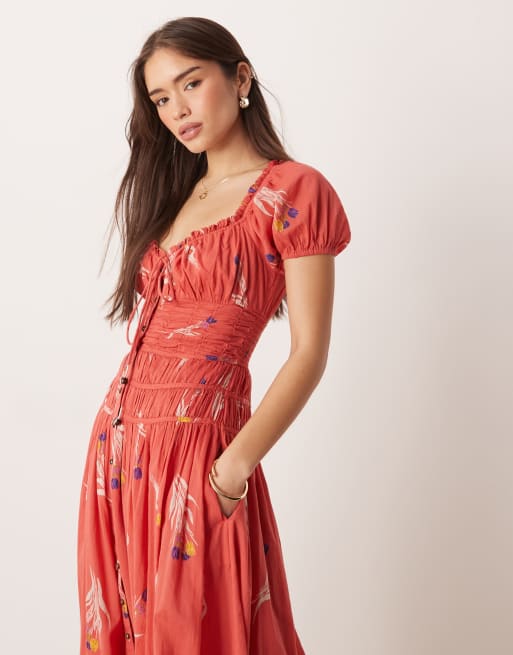 Free People - Coplete Me - Midi jurk met knoopsluiting in koraalkleur, 2 van 4
