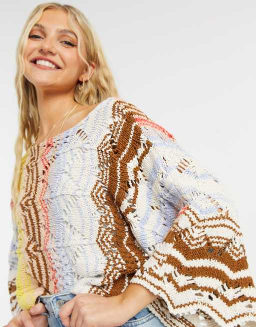 Free People Coral Reef crochet stripe jumper in multi ASOS