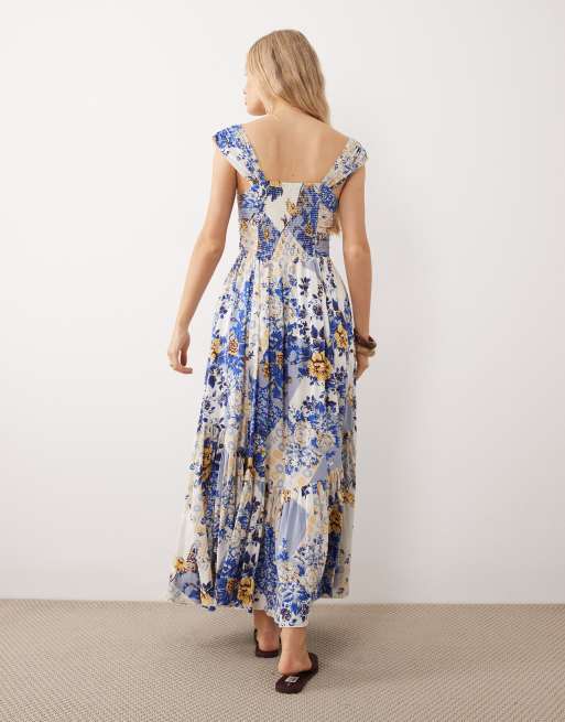 Free People corset style drop waist maxi dress in blue white floral | ASOS