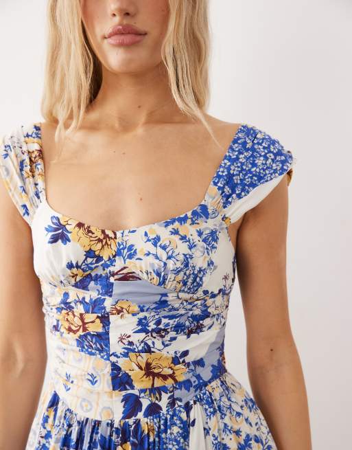 Free People corset style drop waist maxi dress in blue white floral | ASOS