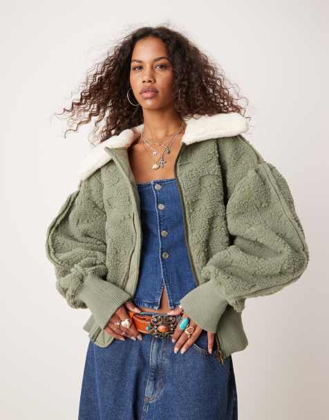 Free People cosy oversized fleece cardigan in khaki - view 1