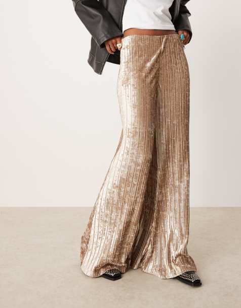 Free People crinkle velvet pleated wide leg trousers in cream - view 1