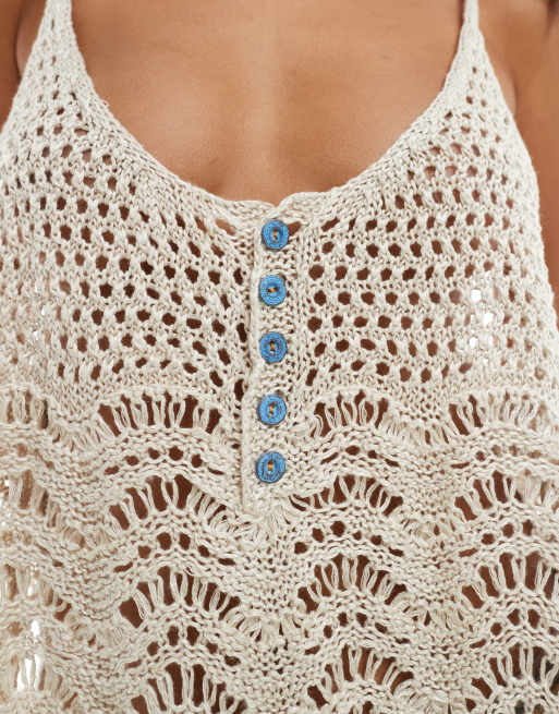 Free People crochet tank top with button detail in oatmilk, 3 of 4