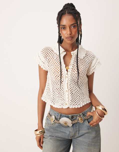 Free People crop crochet shirt top in coconut milk - view 1