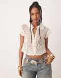 [Free People] Free People crop crochet shirt top in coconut milk-White XL Coconut milk
