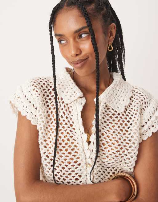 Free People crop crochet shirt top in coconut milk, 2 of 4