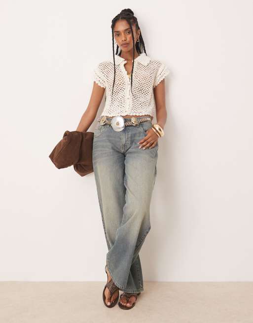 Free People crop crochet shirt top in coconut milk, 3 of 4