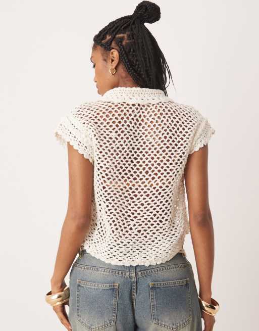 Free People crop crochet shirt top in coconut milk, 4 of 4