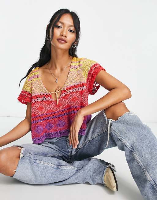 Free People cropped loose fit sweater tee in multi