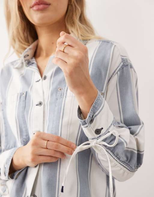 Free People crossroads oversized button down stripe shirt in midnight combo, 3 of 4