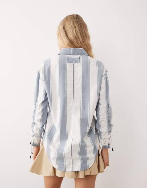 Free People crossroads oversized button down stripe shirt in midnight combo, 4 of 4
