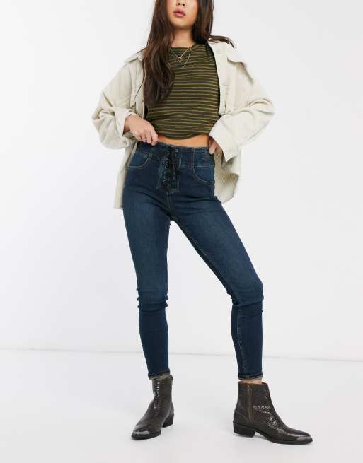 Free People Crvy High-rise Lace-up Skinny Jeans in Blue