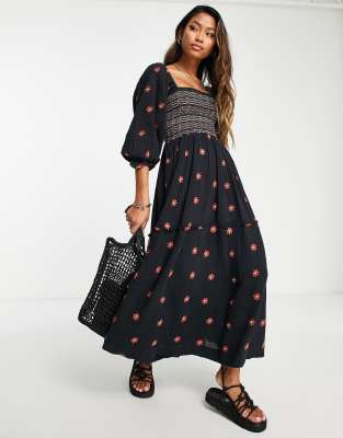 Free People Dahlia Embroidered Smocked Midi Dress In Black | ModeSens