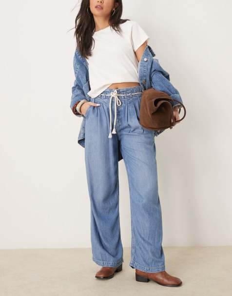 Free People dakota cinched waist pull-on jeans in light blue - view 1