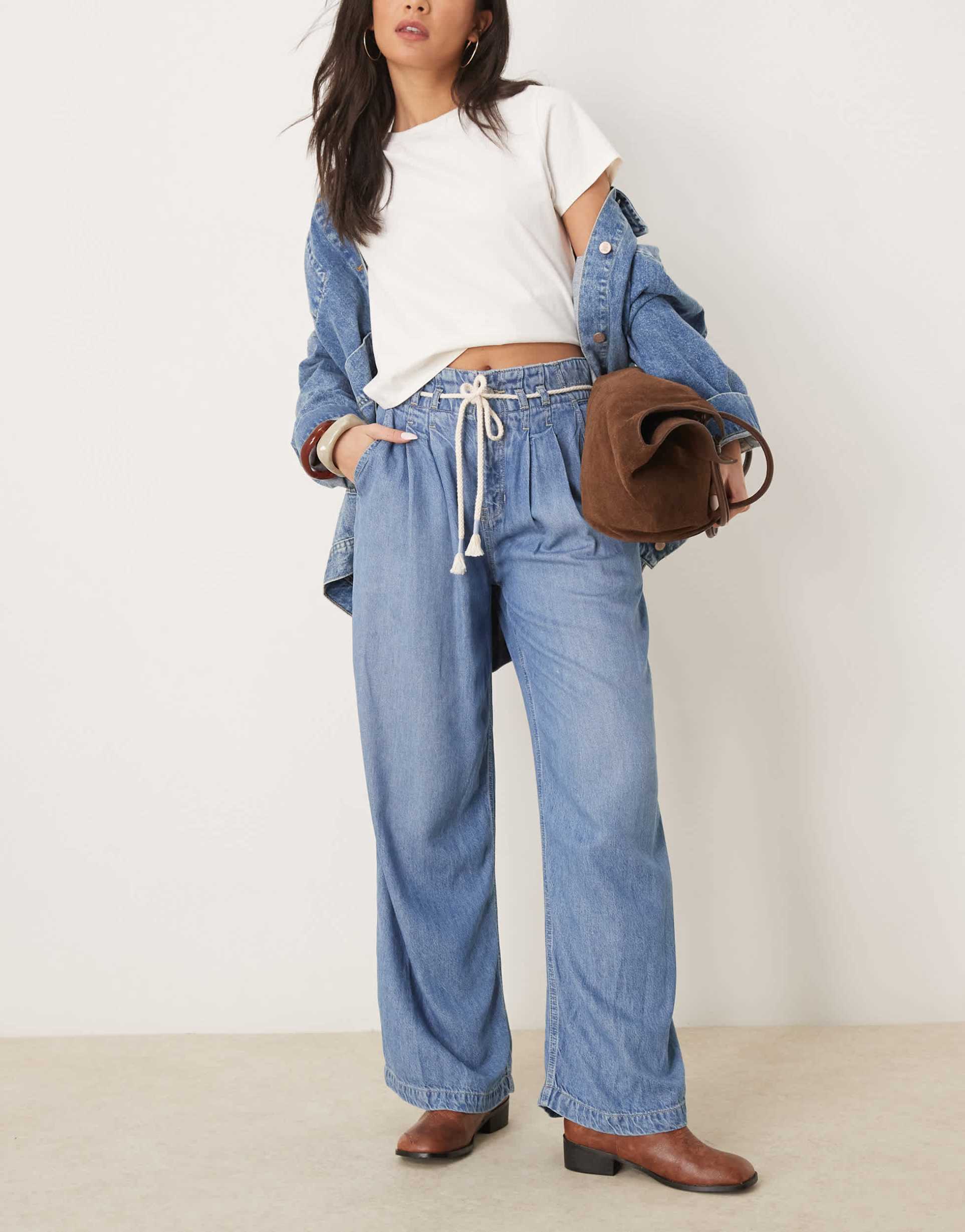 free people dakota cinched waist pull-on jeans in light blue