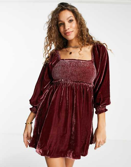 Free People - Daphne - Vestito stile babydoll in velluto, colore rosso