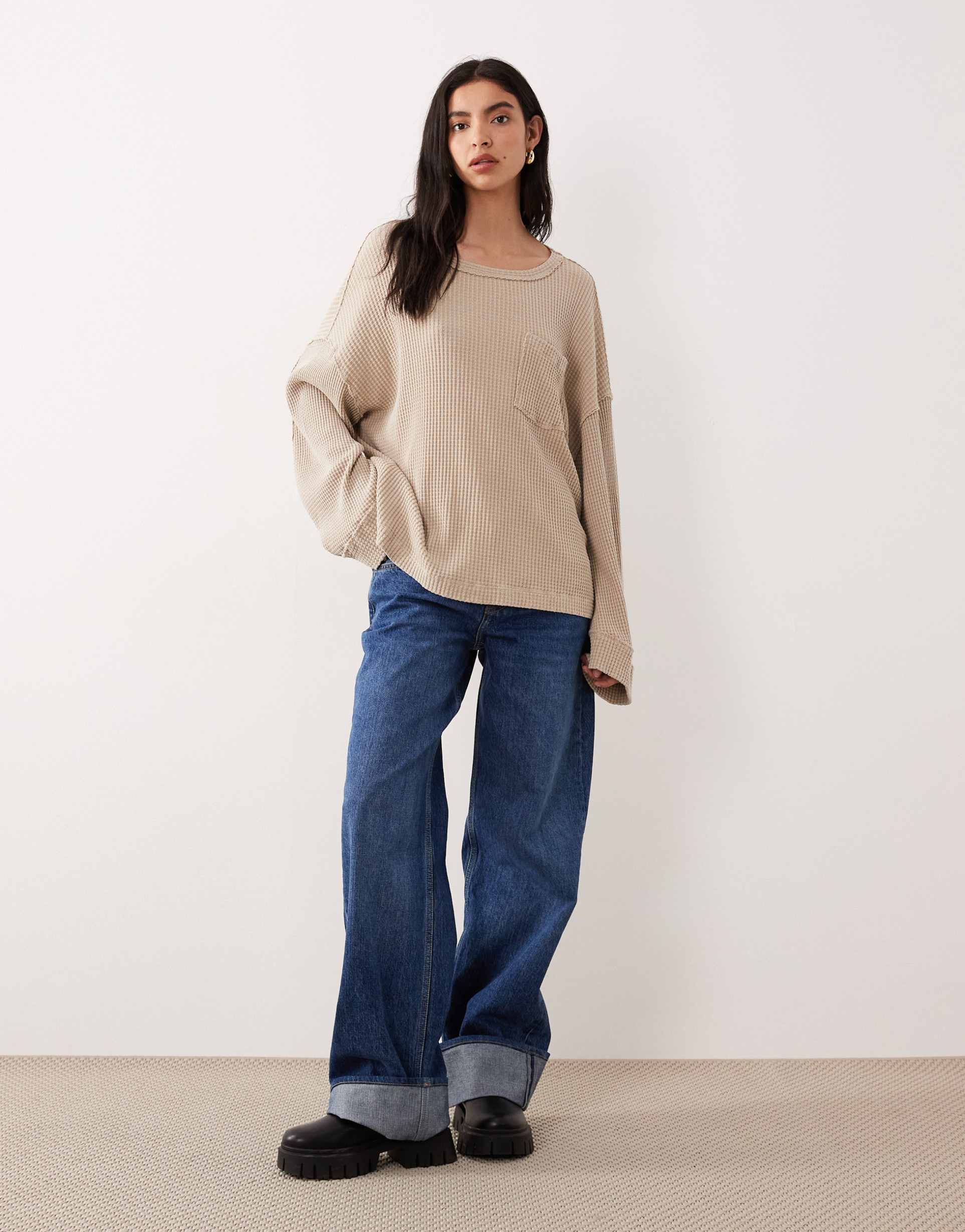 free people dawson pocket detail waffle knit top in smooth stone