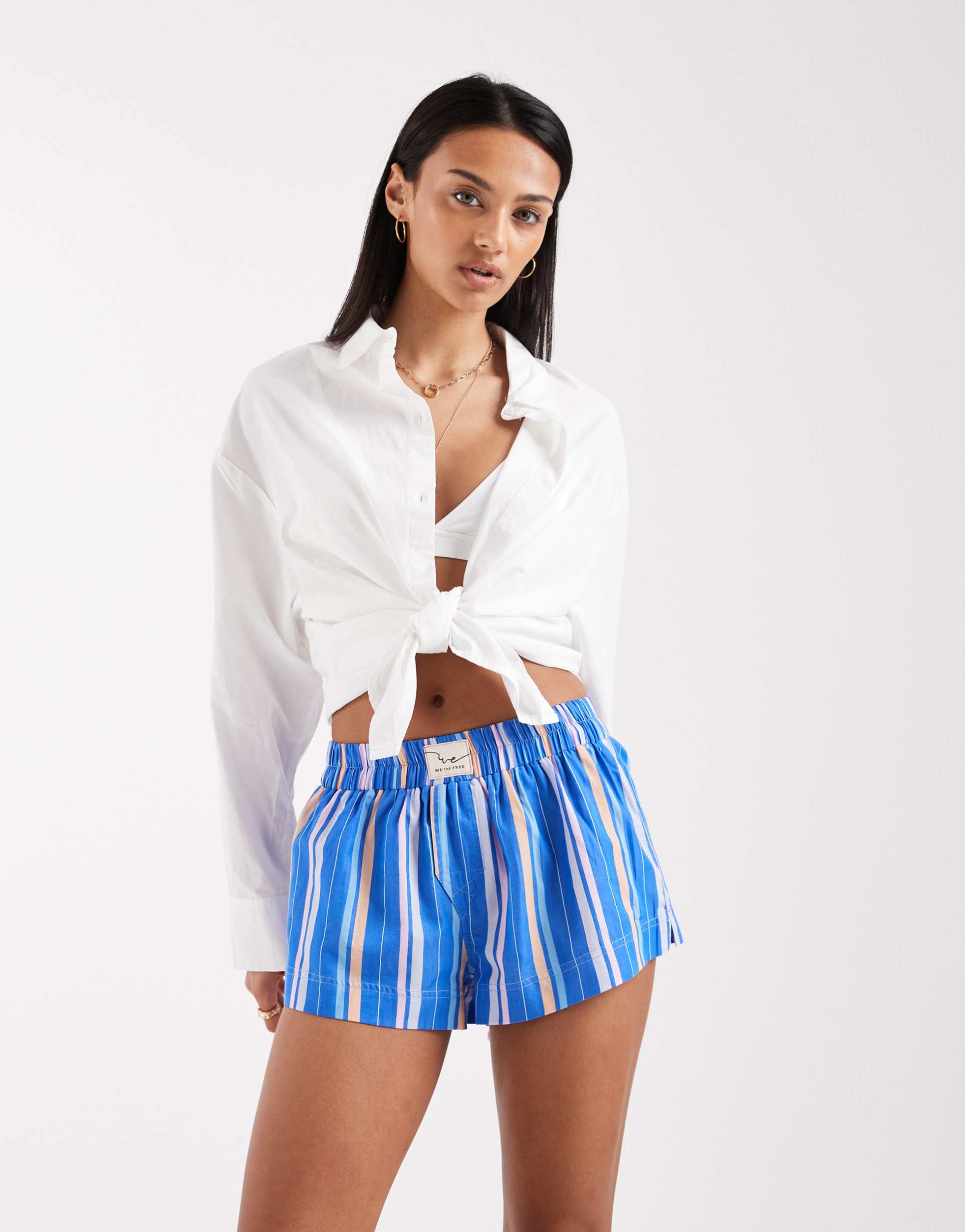 free people day to day mini boxer shorts in cobalt striped combo