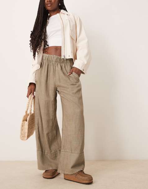 Free People days end linen pull on trousers in khaki - view 1