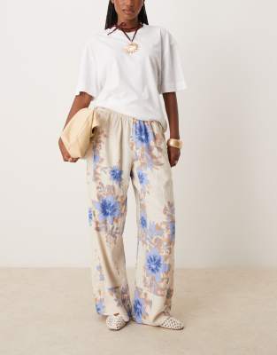 Free People - Days End - Pantaloni a fondo ampio in lino color avorio con stampa a fiori