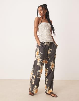 Free People days end printed wide leg linen trousers in washed black combo - view 1