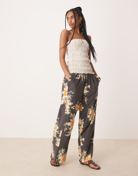 Free People days end printed wide leg linen trousers in washed black combo