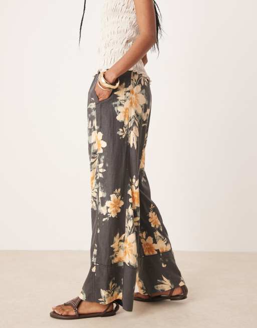 Free People days end printed wide leg linen trousers in washed black combo, 3 of 5