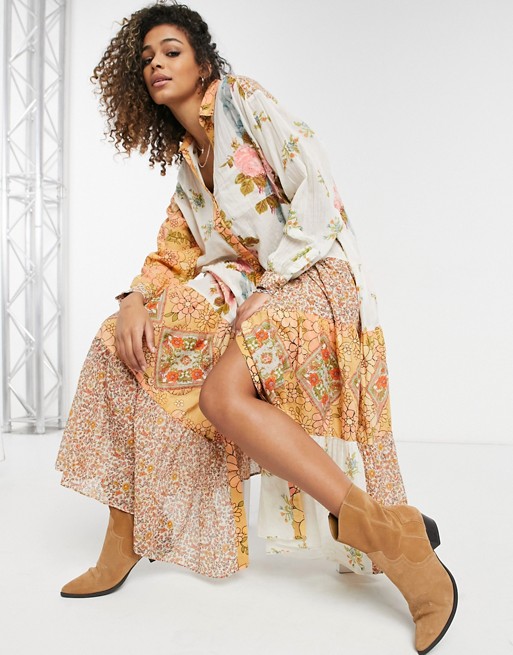Free People days of ditzies 70's maxi smock dress in floral paisley patchwork