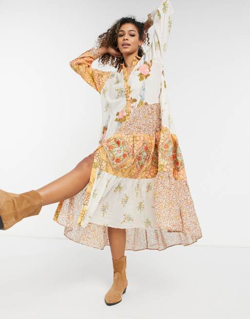 Free People days of ditzies 70s maxi smock dress in floral paisley patchwork