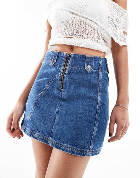 Free People denim a-line mini skirt in mid wash blue