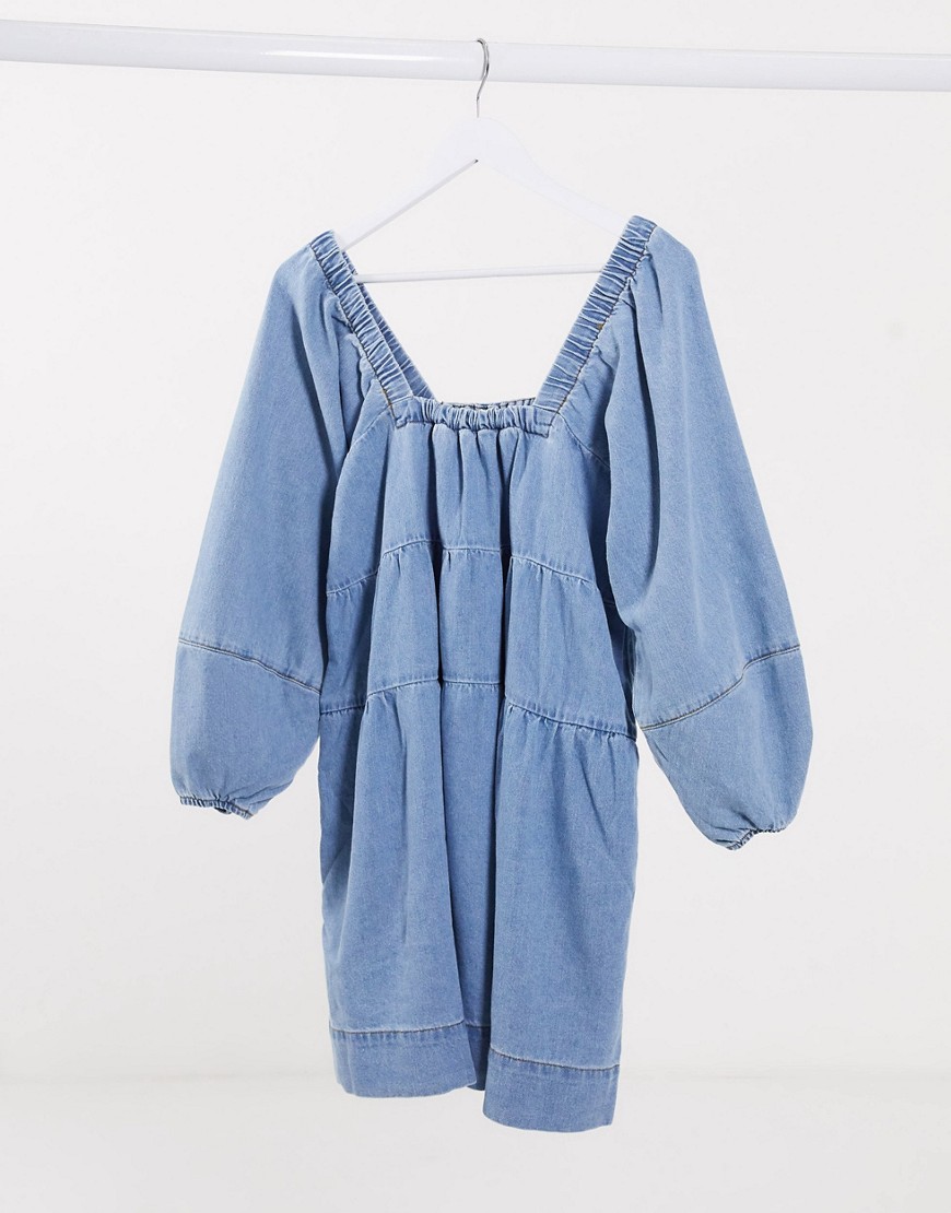 Free People - Denim babydoll mini-jurk in blauw