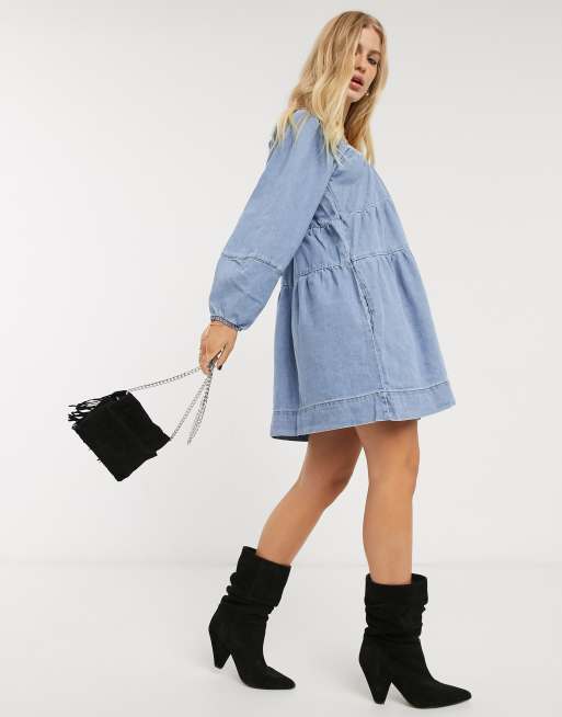 Free People Denim babydoll mini jurk in blauw ASOS