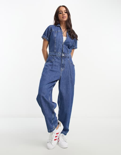 Deep v denim jumpsuit online