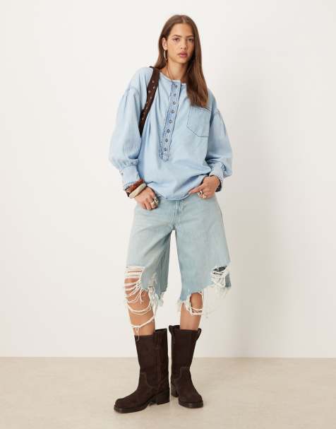 Free People Denim Dreaming pullover shirt in soft light wash - view 1