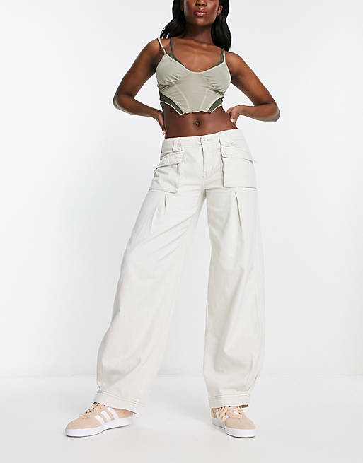 Free People denim low rise wide cargo pants in off white