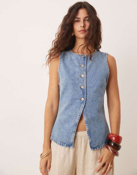 Free People - Denim top met knoopdetail in blauw - view 1