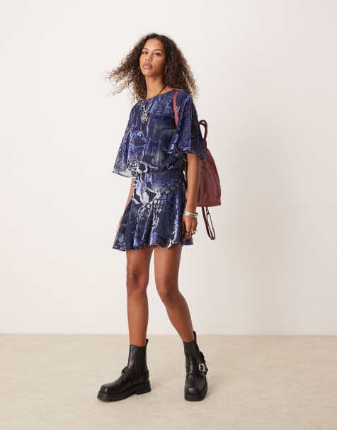 Free People devore boho floaty mini dress in royal blue - view 1