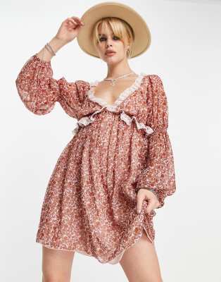 Free People Ditsy Floral Lace Trim Smock Mini Dress-white | ModeSens