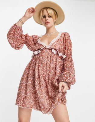 Free People ditsy floral lace trim smock mini dress