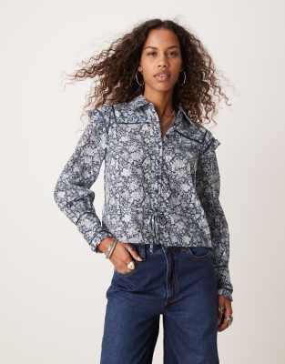 Free People ditsy floral print ruffle cropped blouse in blue