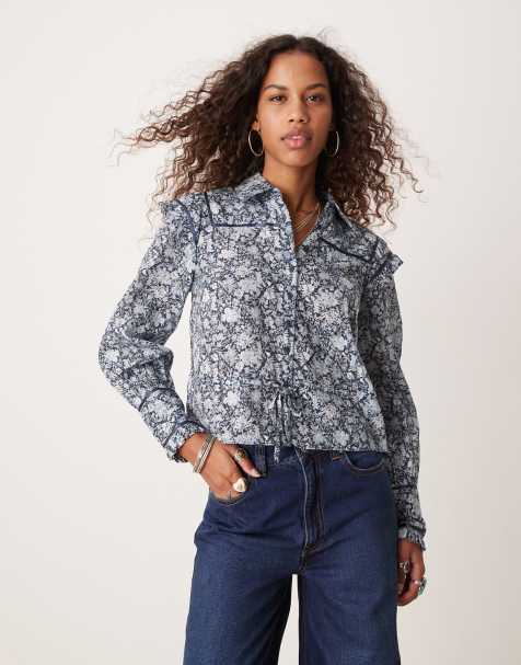 Free People ditsy floral print ruffle cropped blouse in blue - view 1