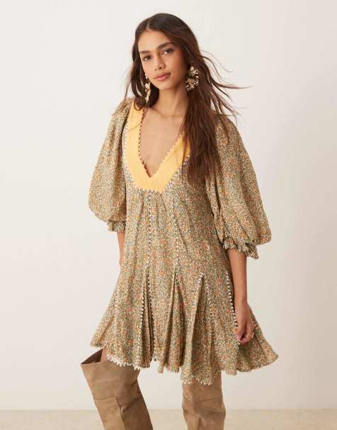 Free People ditsy floral puff sleeve boho mini dress in green - view 1