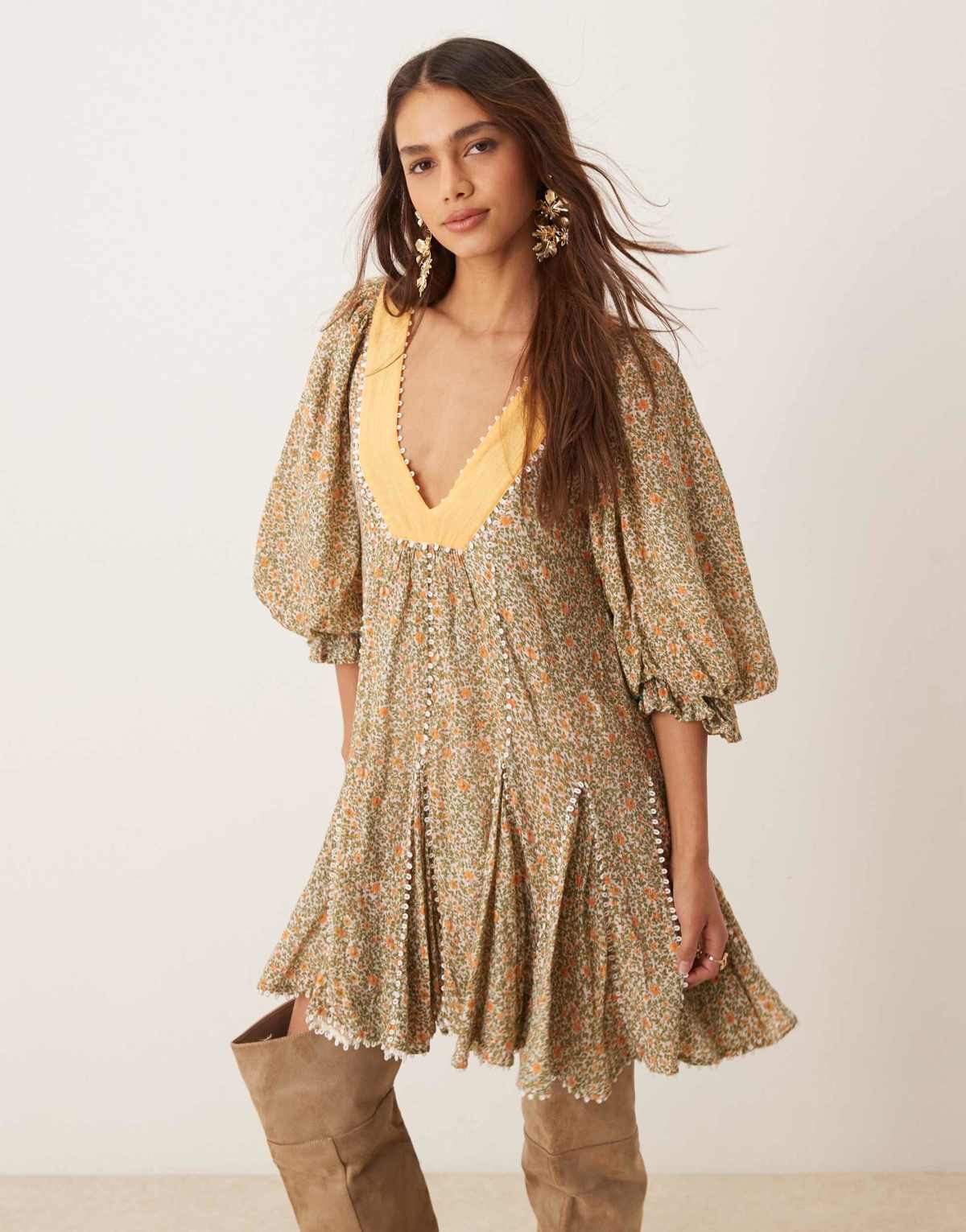 Free People ditsy floral puff sleeve boho mini dress in green