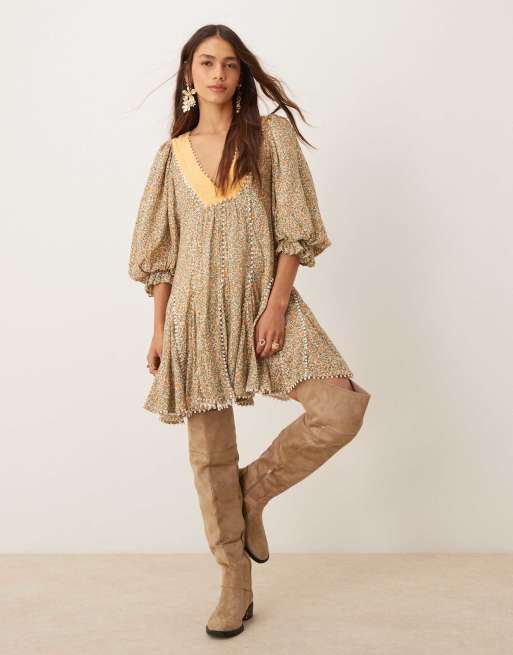 Free People ditsy floral puff sleeve boho mini dress in green | ASOS