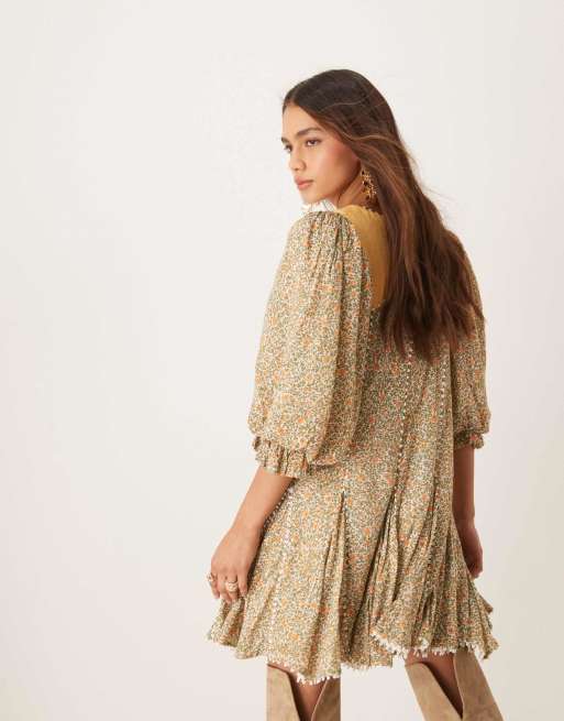 Free People ditsy floral puff sleeve boho mini dress in green, 4 of 4