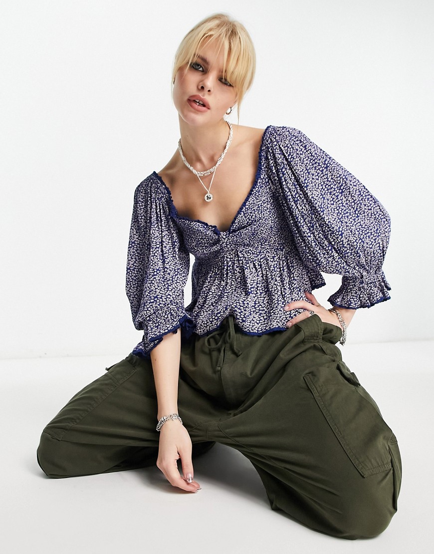 free people ditsy print crop blouse in blue