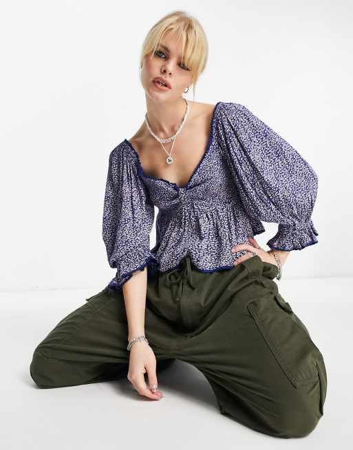 Free People ditsy print crop blouse in blue