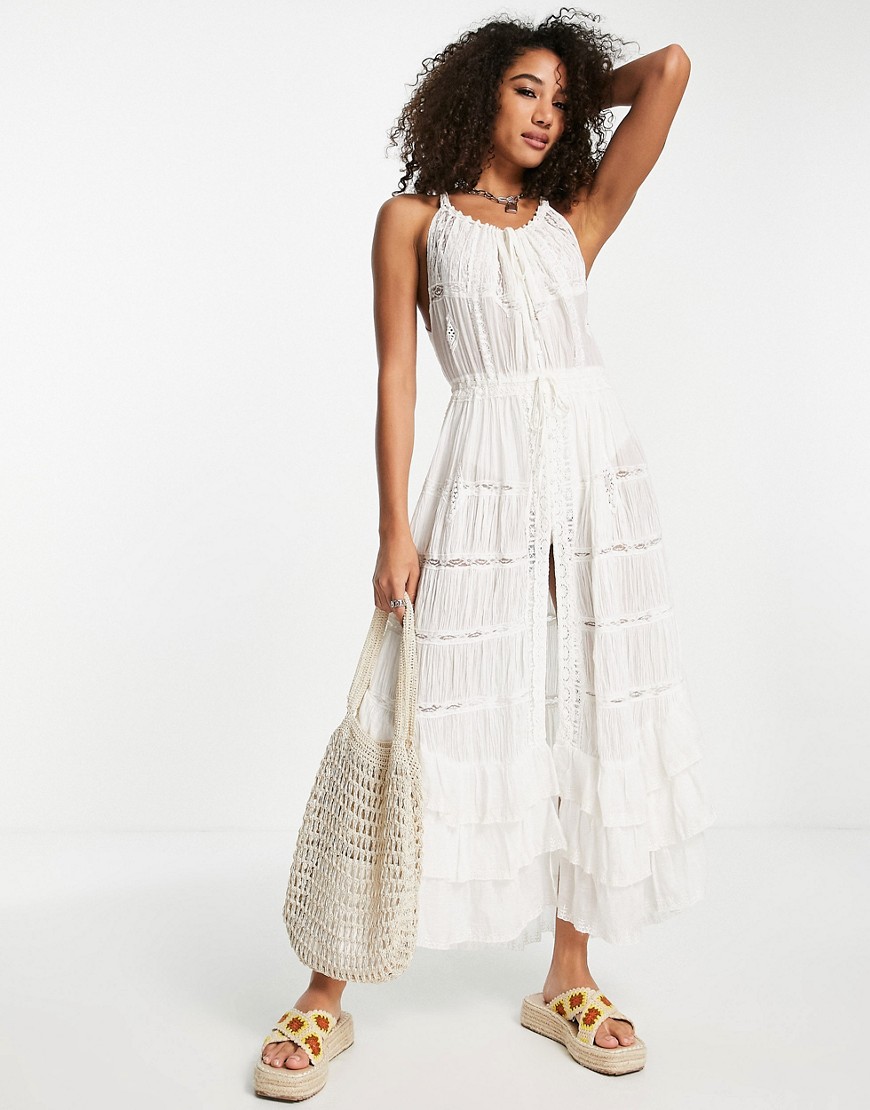 Free People Dolly bodysuit with broderie maxi dress overlay in ivory-White