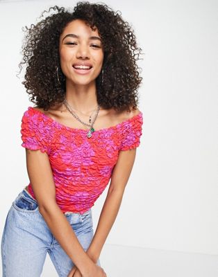 Free People dominique cherry print shirred t-shirt in pink and red