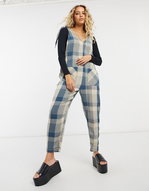 Free People Don't You Want This gingham jumpsuit in blue